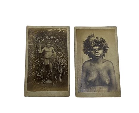 Pair of 19th century Australian Aboriginal cartes de visite showing male and female figures each 10cm x 6cm