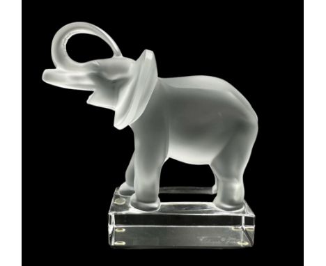 Lalique frosted glass model of an African Elephant, on clear rectangular plinth, H15.5cm