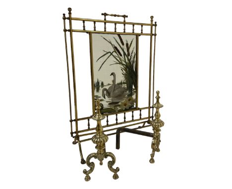 Edwardian mirrored fire screen, hand painted with two Swans on a lake, within a tubular brass frame, raised on splayed suppor