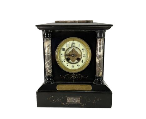French - late 19th century Belgium slate and marble 8-day mantle clock, with flat top and sloping corners, recessed circular 