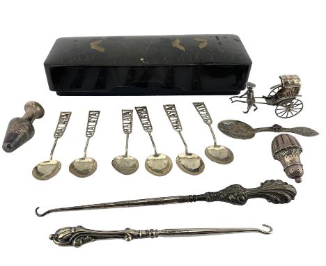 Chinese silver model of a rickshaw L8cm, six tea spoons, the stems marked 'Malaya', two silver handled button hooks and other