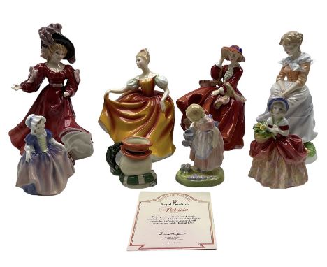 Royal Doulton figures comprising 'Patricia' figure of the year 1993 HN3365 with certificate, 'Autumn Attraction' HN3612, 'Top