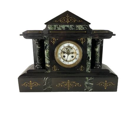 Late 19th century - 8-day Belgium slate and marble mantle clock, with a gable pediment, inlaid green variegated marble panels