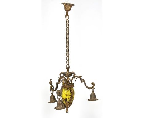 A gilt metal and glass three-armed ceiling light.