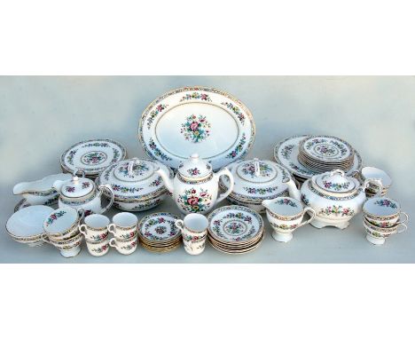 A large quantity of Coalport Ming Rose pattern tea ware including teapot, coffee pot, cups &amp; saucers, tureens and plates.