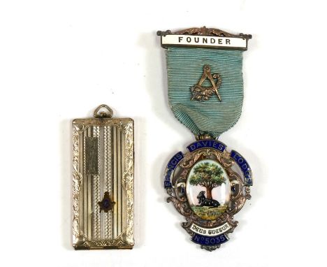 A Masonic HM silver and enamel Founder medal to the Francis Davies Lodge No.5035 together with a gilt metal Masonic hinged st