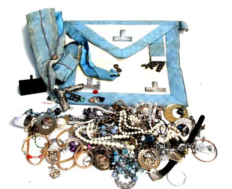 A quantity of costume jewellery; together with a Masonic apron &amp; sash.