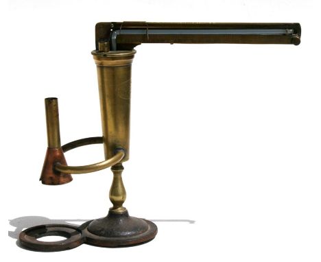 An E Malligand brass ebullioscope with thermometer arm, 23cms (9ins) high.