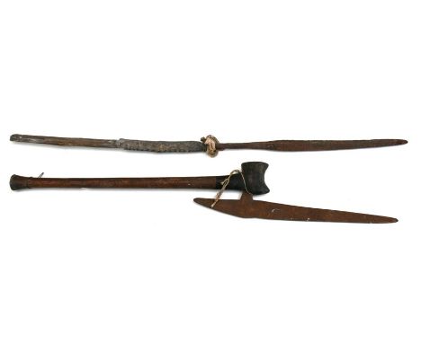 African / Tribal - a Zulu double edged steel axe with hardwood handle, 76cms (30ins) long; together with a steel spear head (