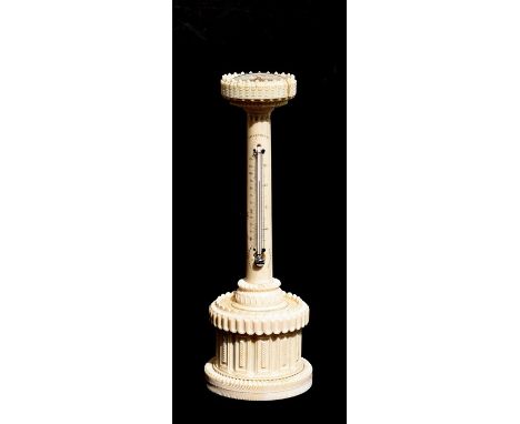 A 19th century geometric turned ivory thermometer tower with compass inset to the top and box to the base, 21cms (8.25ins) hi
