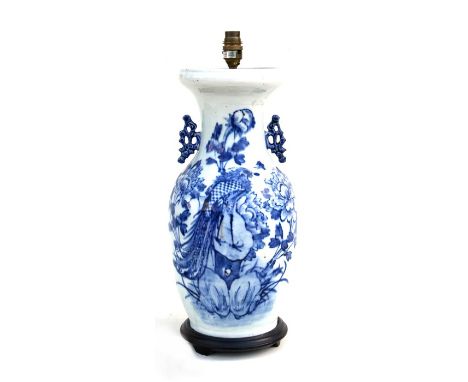 A 19th century Chinese blue and white vase converted to a table lamp, 46cm (18ins) high.