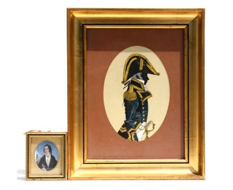 A portrait miniature depicting a young lady, 4 by 5cms (1.5 by 2.2ins); together with a silhouette portrait print of a Naval 
