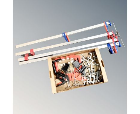 A box containing assorted G clamps together with two further pairs of sash clamps to include Draper. 