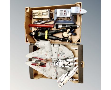 Two boxes containing Star Wars items, toys, figures etc. 