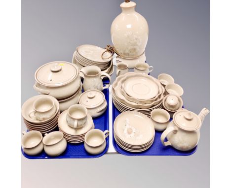 A large quantity of Denby stoneware, teaware, dinnerware, large table lamp. 
