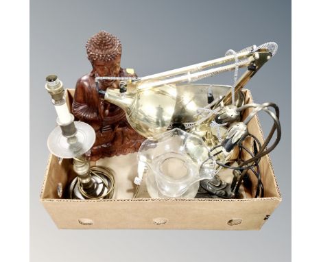 A box of angle poise lamp, carved wooden figure, table lamp etc. 
