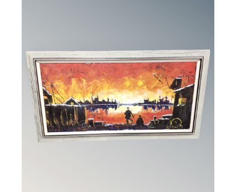 A continental oil on canvas : figures in a ship yard 