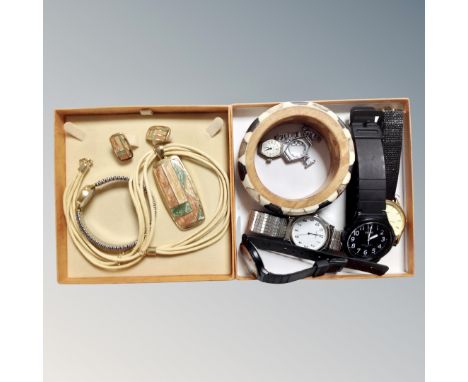 A Buckingham costume necklace and earning set together with a further bangle and six assorted lady's and gents wristwatches t