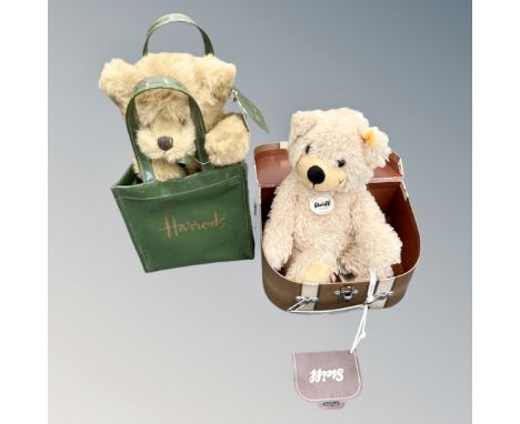 A Steiff teddy bear in carry box, together with a Harrods bear in original bag. (2)