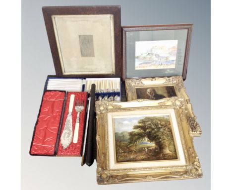 A box containing cased fish cutlery and servers, a vintage brass cased thermometer in tube, a watercolour study of a harbour 