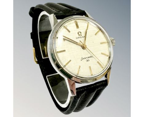 A scarce gent's stainless steel Omega Seamaster 30 wristwatch, with ridged and serrated cream dial, 17 jewel manual wind move