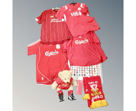 A box containing a quantity of Liverpool football club collectable's including Liverpool shirts, Anfield scarf etc. 