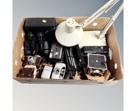 Collection of cameras, angle poise lamp, pair of Falcon Zoom field binoculars. 