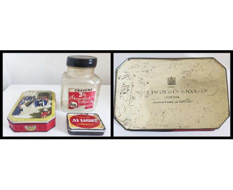 Vintage W&amp;R Jacob &amp; co Liverpool 1953 Royal Windsor tin, Cravens 3lb toffee storage jar, Ringers Al light tobacco tin