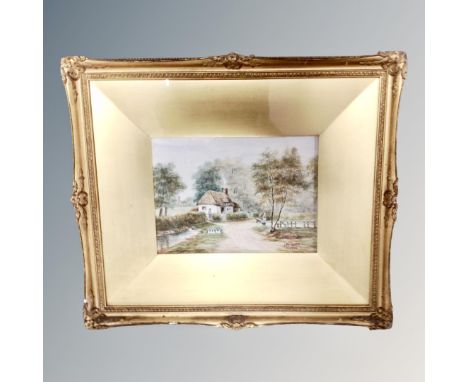 J MacLaren watercolour study depicting figures outside a rural dwelling, dated 1908, in gilt frame and mount. 