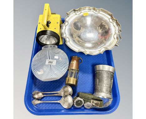  A tray containing miscellanea to include a Kosta Boda vase, plated basket, miniature miners lamp, a P.O. lamp etc. 