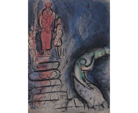 Marc Chagall,lithograph, Ahasueris sends Vashti away, Mourlot ref: 251, 1960, Verve bible issue, image 14" x 10", framed.