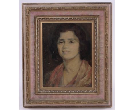 19th/20th century oil on canvas, portrait of a woman, indistinctly signed, 10" x 8", framed.