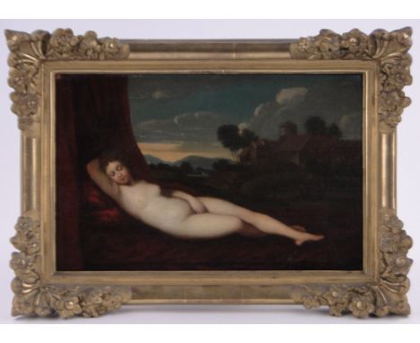18th century oil on panel after Titian, classical portrait of Venus de Giorgione, 11.5" x 17.5", framed.
