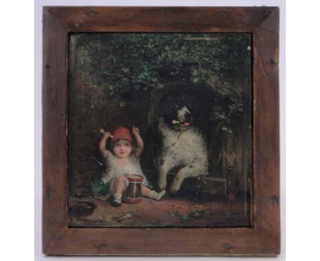 Joseph Henry Sharp (American 1859-1953), oil on board, a child playing a drum beside a doll's house, signed, 8.5" x 8", frame
