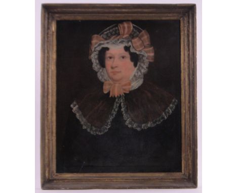 19th century English School,oil on canvas, portrait of a woman wearing a bonnet, unsigned, 30" x 25", framed.