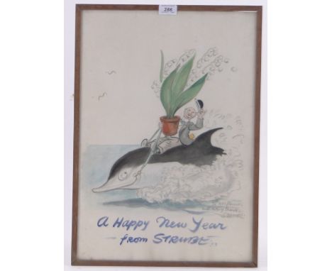 Sydney Conrad Strube (1890-1956),watercolour cartoon, self portrait riding a dolphin, signed and dated 1953, 21" x 14.5", fra