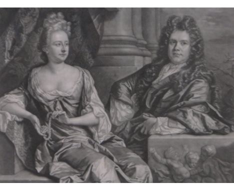 J Smith after J Closterman, mezzotint, Mr & Mrs Gibbons, image 11.5" x 13.5", framed.