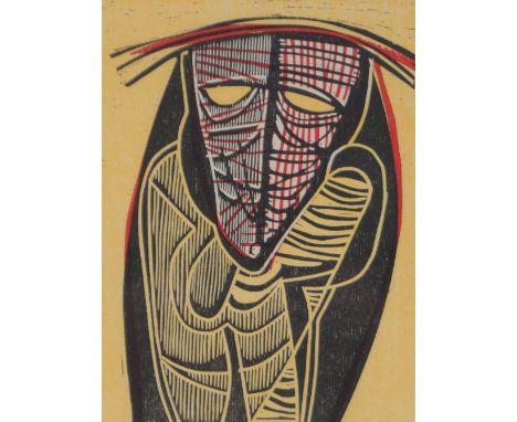 Cecil Skotnes (South African),woodcut print, Presence 1972, image 10" x 7", framed.