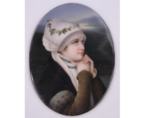 A 19th century painting on a porcelain plaque, portrait of a young woman, unsigned, inscribed verso, 4.5" x 3.5", unframed.