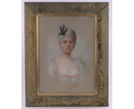 M H Earnshaw,coloured pastels, portrait of a young woman, signed, 30" x 21", framed.