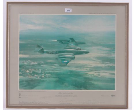 Frank Wootton, colour print, meteor strikes its first blow, signed by the artist the pilot and Frank Whittle, from an edition