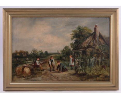 J Locke, 19th century oil on canvas, country children playing, signed, 20" x 30", framed.