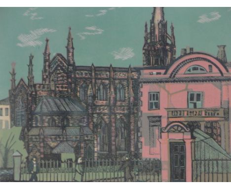 Rupert Shephard,lino-cut print, a Paddington church, artist proof, signed in pencil, image 10.5" x 13", framed.