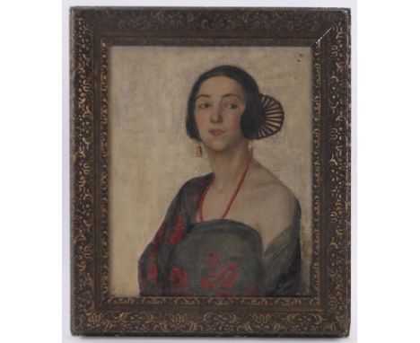 Dennis, early 20th century oil on canvas, portrait of a continental woman, signed, 24" x 19", framed. 