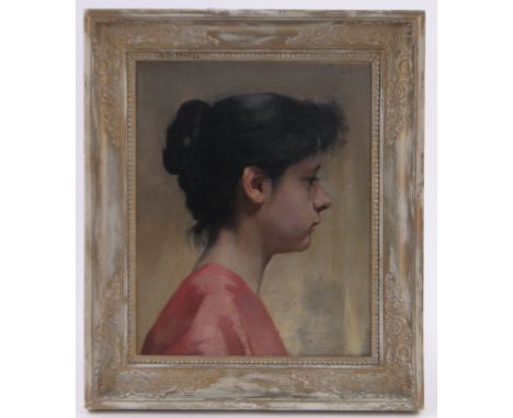 19th century oil on canvas, profile portrait of a young woman, unsigned, 16" x 13", framed.