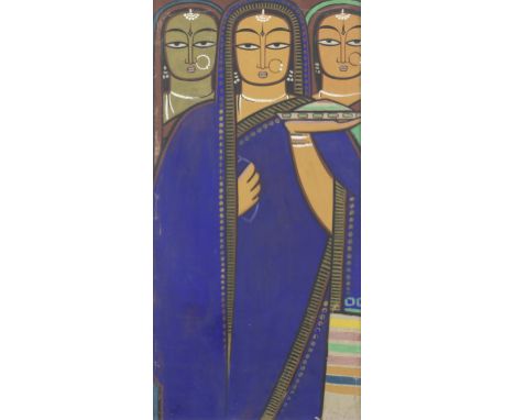 Jamini Roy (Indian, 1887-1972)Untitled (Bride with two companions) signed lower rightgouache on cloth75 x 38cm (29 1/2 x 14 1