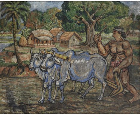 Sheikh Mohammed  Sultan (Bangladeshi, 1923-1994)Untitled (Farmer ploughing with bulls) signed and dated '88 lower leftoil on 