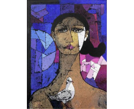 Jamil Naqsh (Pakistani, 1938-2019)Figure with Pigeon II signed and dated '06 lower left and signed versooil on canvas122 x 91