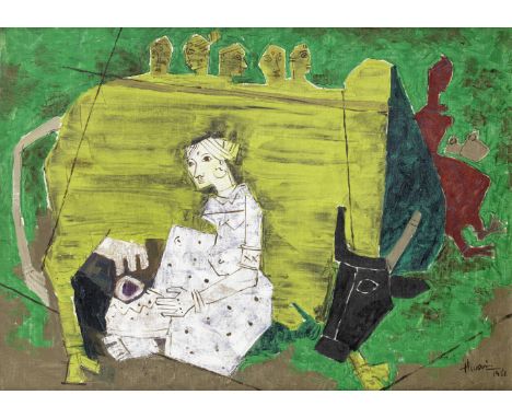 Maqbool Fida Husain (Indian, 1913-2011)Untitled (Cow and White Lady) signed and dated Husain 1956 lower rightoil on canvas40 