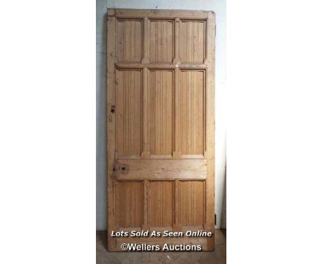 Carved linen fold panel Victorian pine door designed by George Gilbert Scott from the Midland Hotel, St Pancras, London. 101c